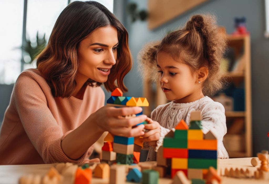 Daycare assistant and young girl playing with building blocks