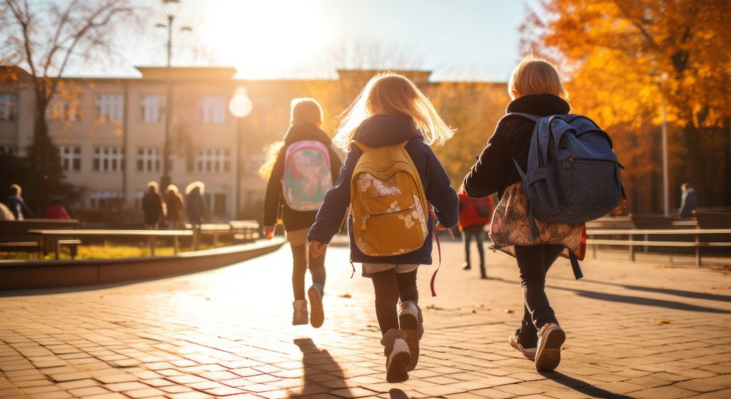 3 kids wearing backpacks walking to school