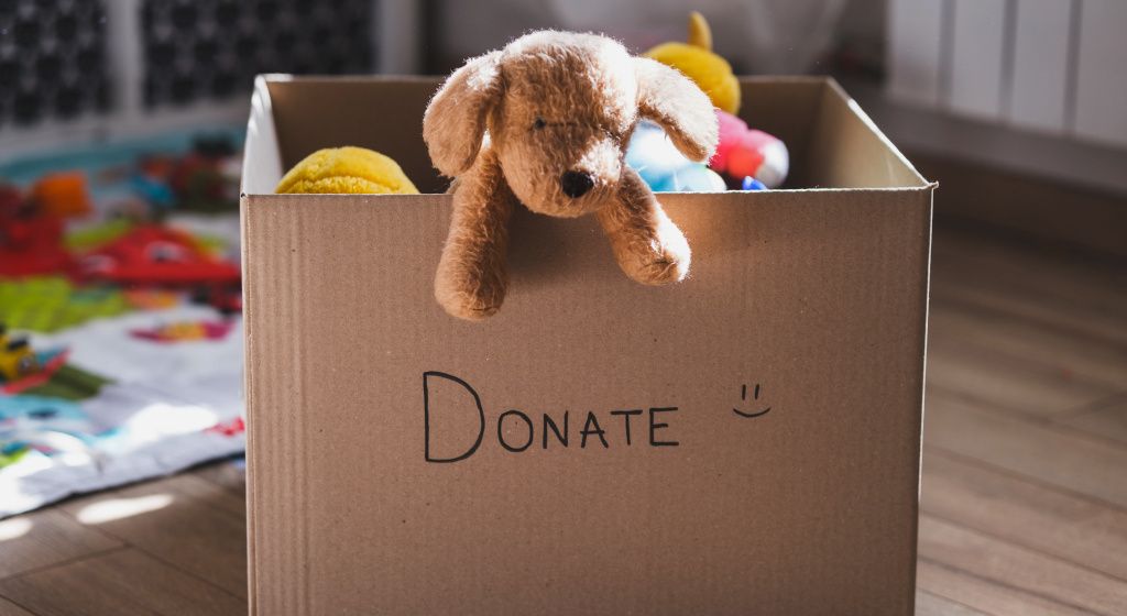 donation box of toys and teddy bears