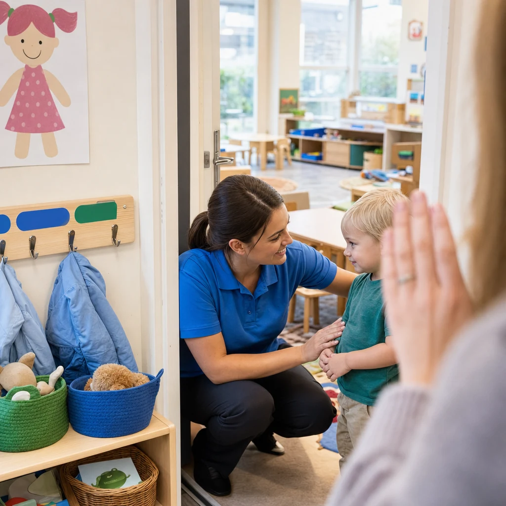 A carer warmly welcomes a child during nursery drop-off.