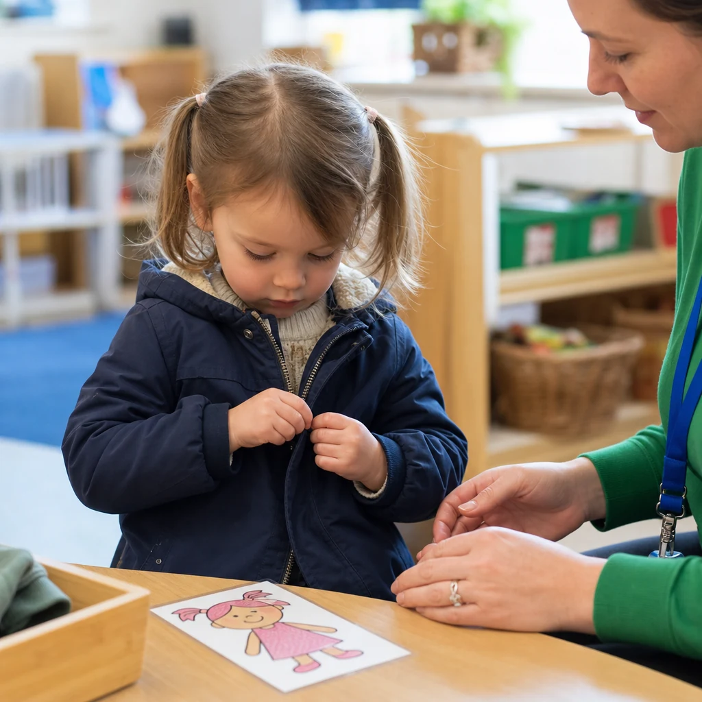 A child practising fastening clothing with gentle support from a nursery carer.