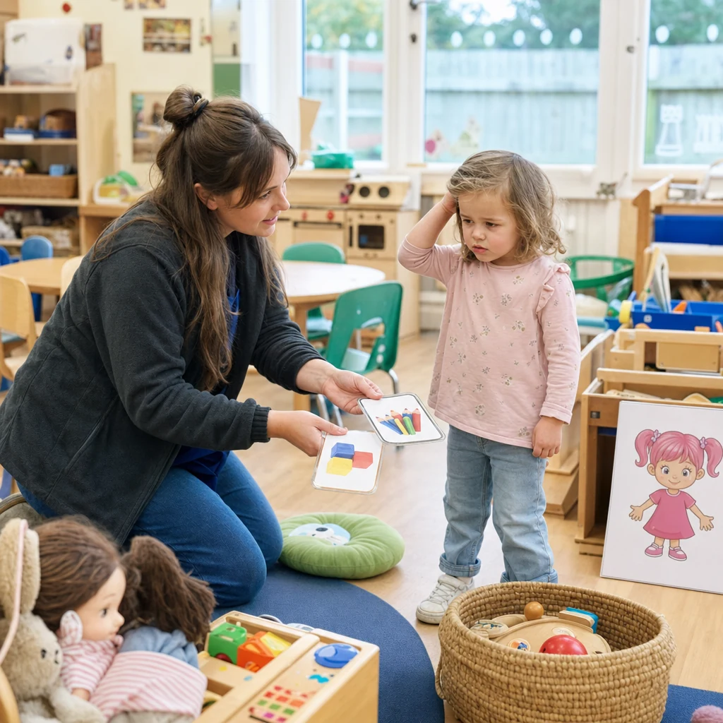 A nursery carer calmly offering choices to a hesitant child in a playroom.