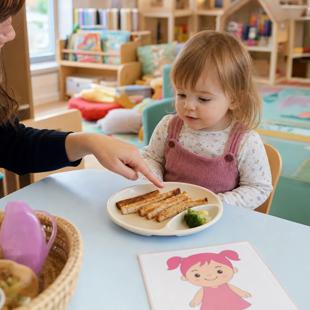 A toddler plate with familiar food beside a small new food item