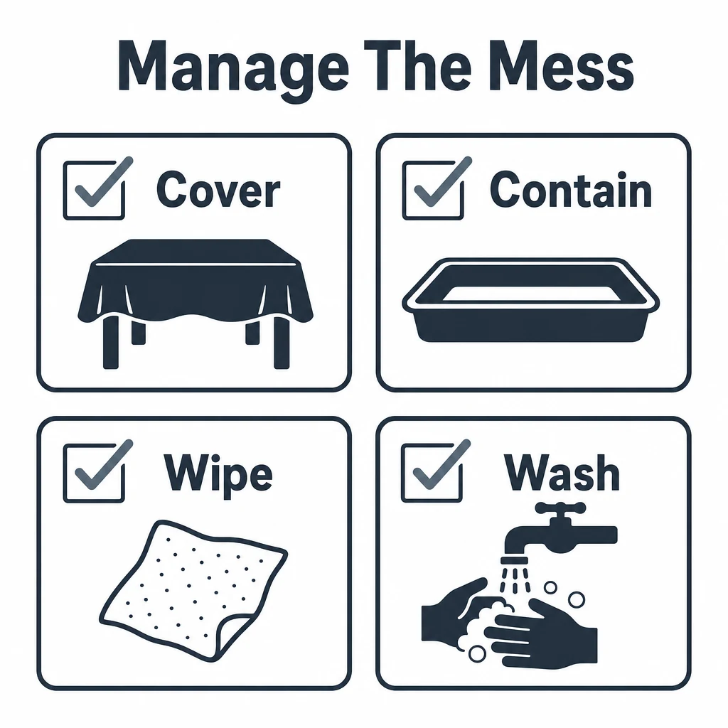 Checklist graphic for covering, containing, wiping and washing after messy play