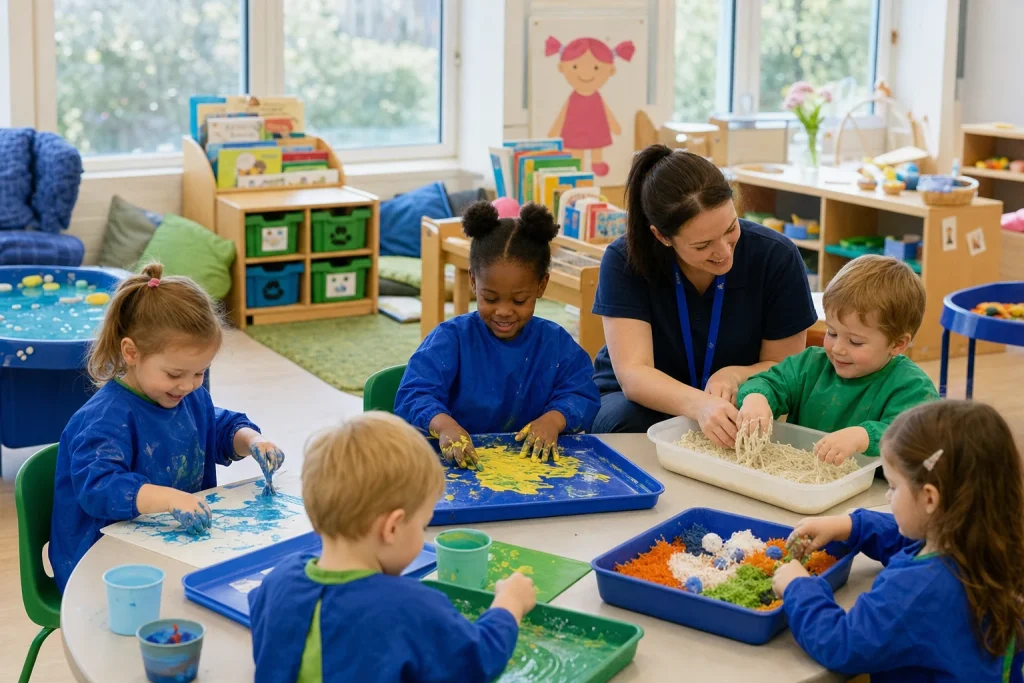 Children enjoying supervised messy play in a bright nursery playroom
