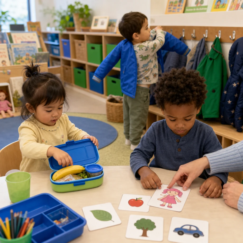 Children practising coat and lunchbox skills with gentle support in a nursery room.