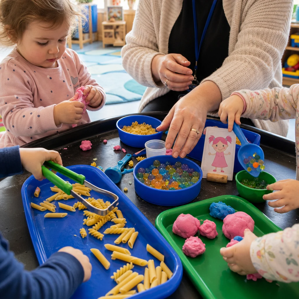Children practising scooping and pouring during messy play