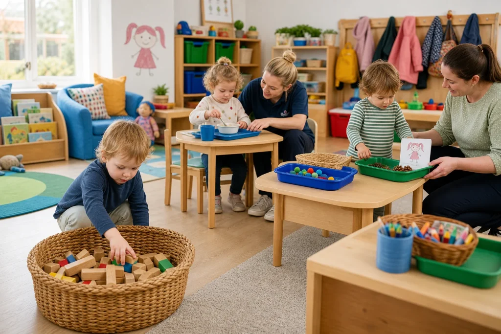 Children practising tidying, eating and choosing activities in a bright nursery playroom.