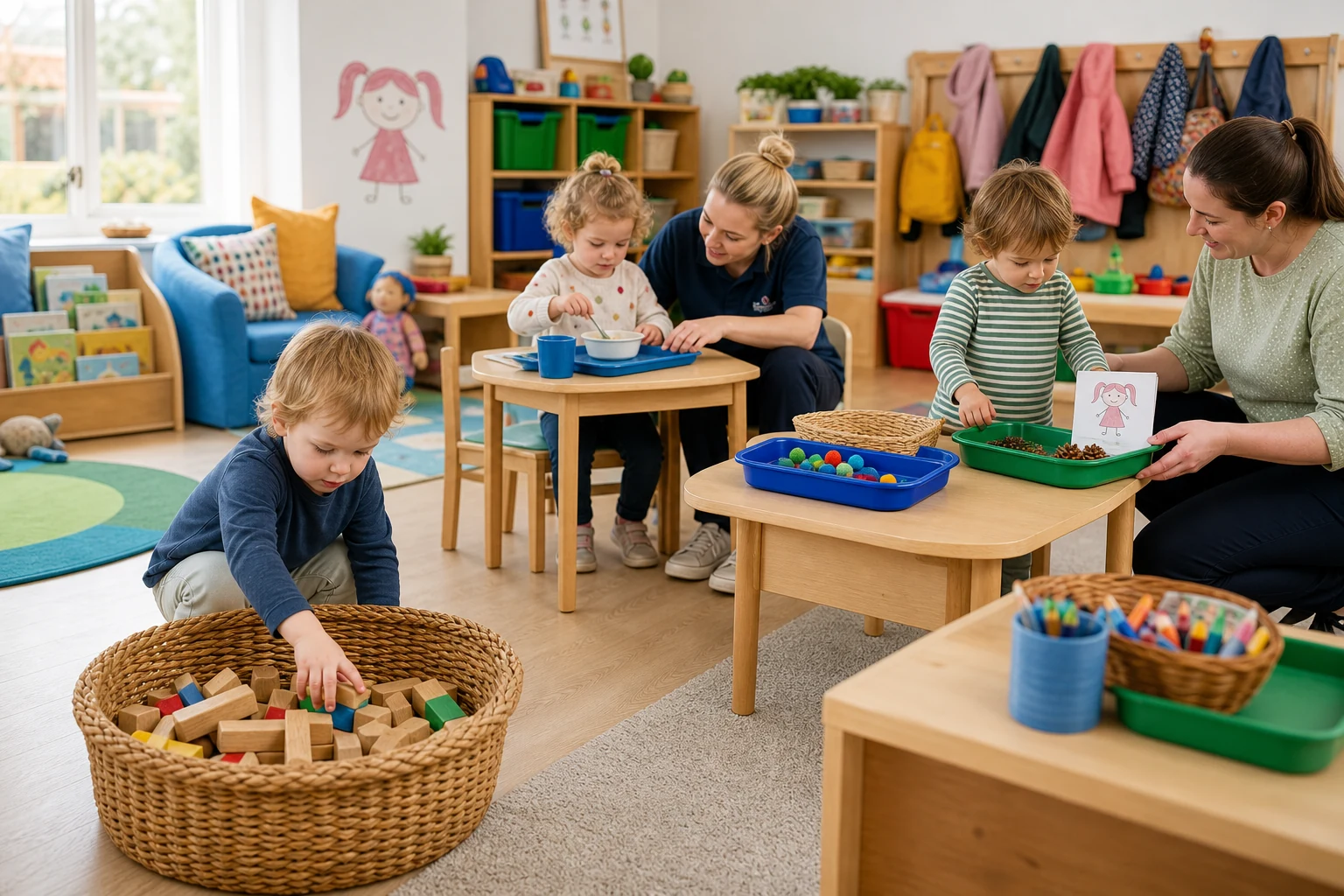 Children practising tidying, eating and choosing activities in a bright nursery playroom.