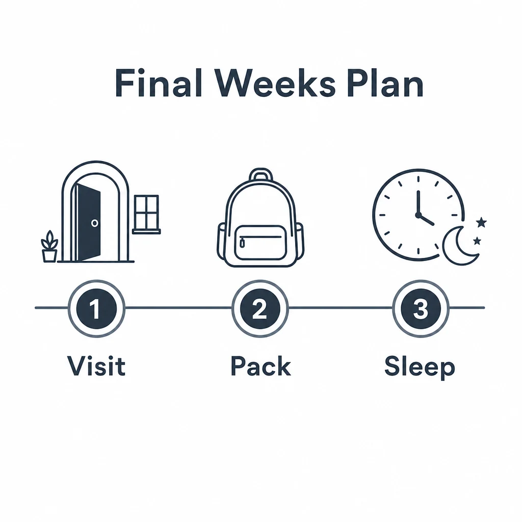 Graphic showing a final weeks plan with visit, pack and sleep steps.