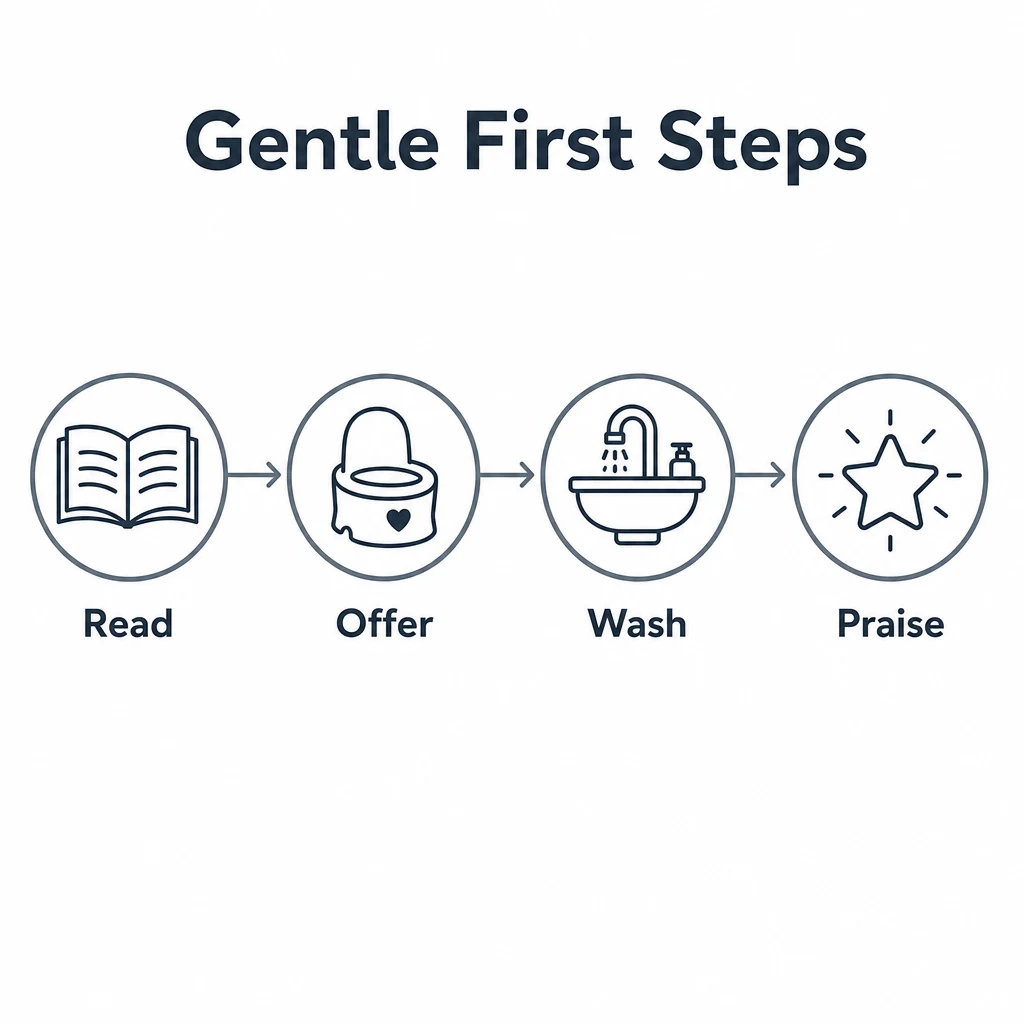 Graphic showing gentle potty training steps: read, offer, wash and praise