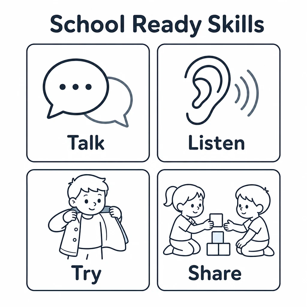 Graphic showing key school readiness skills: talk, listen, try and share.