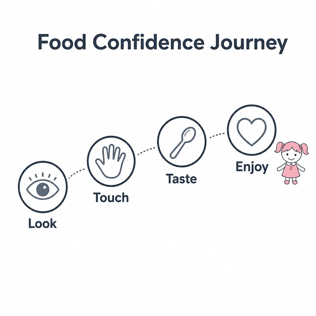 Graphic showing look, touch, taste and enjoy as food confidence steps