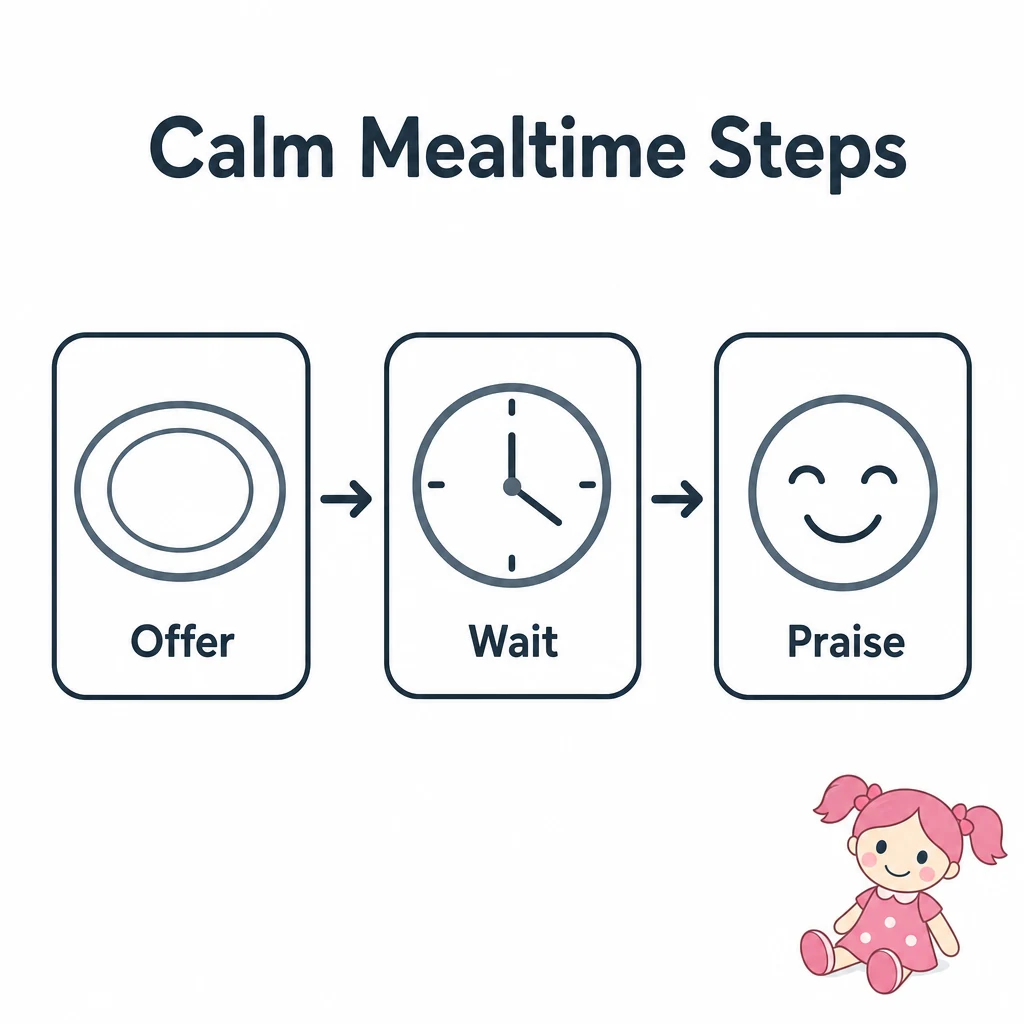 Graphic showing offer, wait and praise as calm mealtime steps