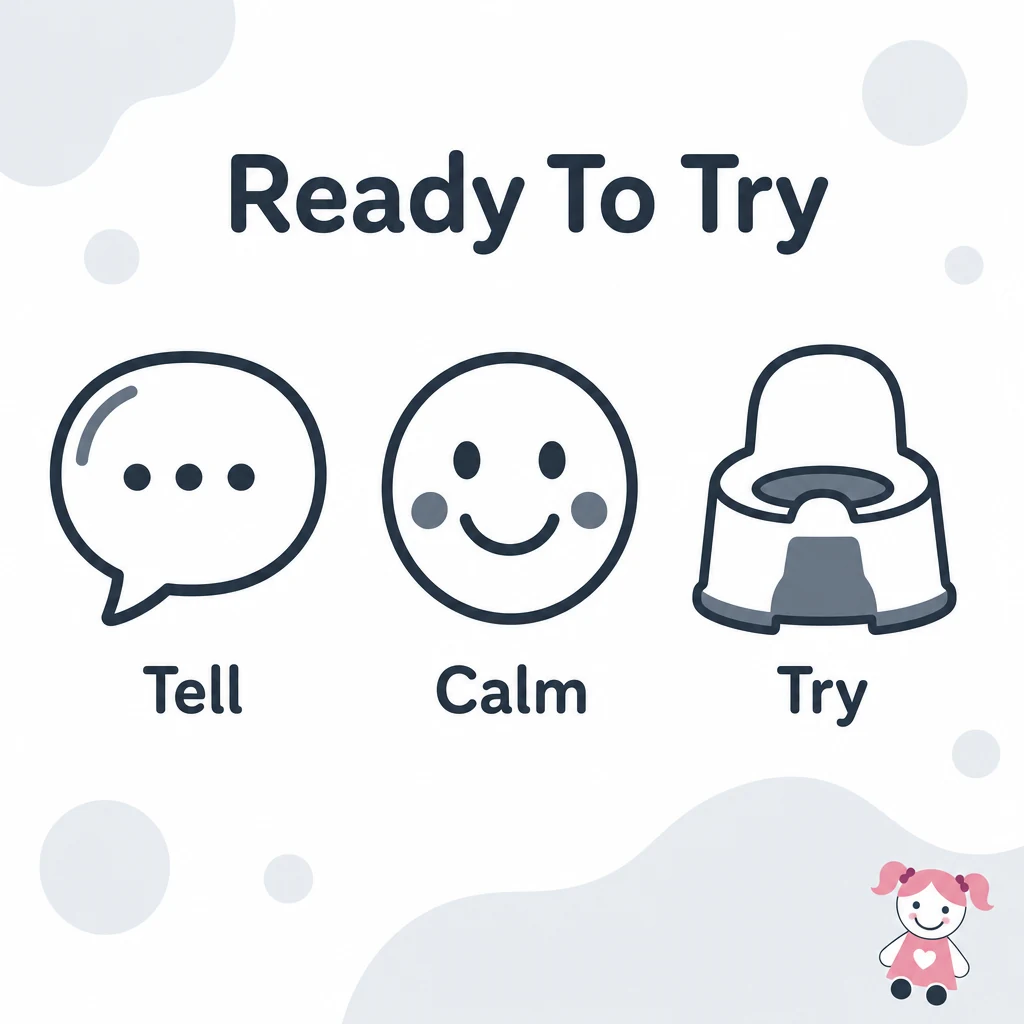Graphic showing toddler readiness signs: tell, calm and try