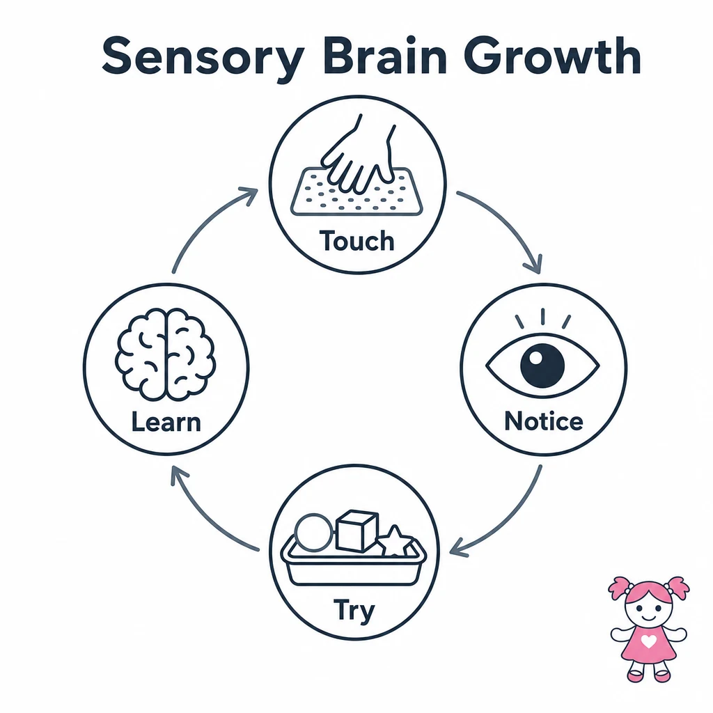 Graphic showing touch, noticing, trying and learning during sensory play