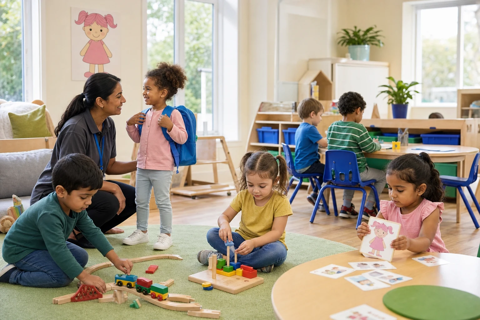 Nursery children practising morning routines with a carer in a bright playroom.
