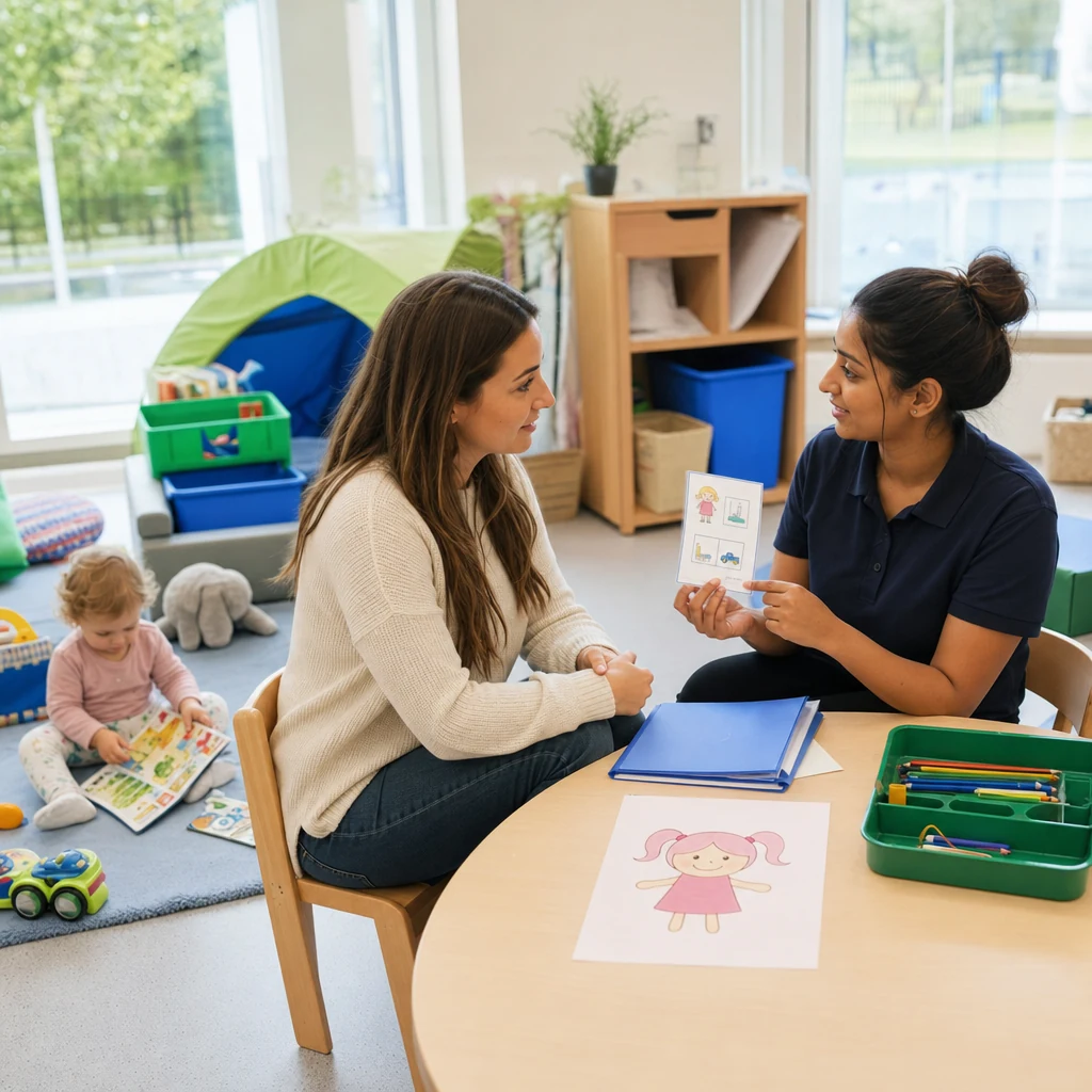 Parent and nursery carer discussing a toddler routine while the child plays nearby