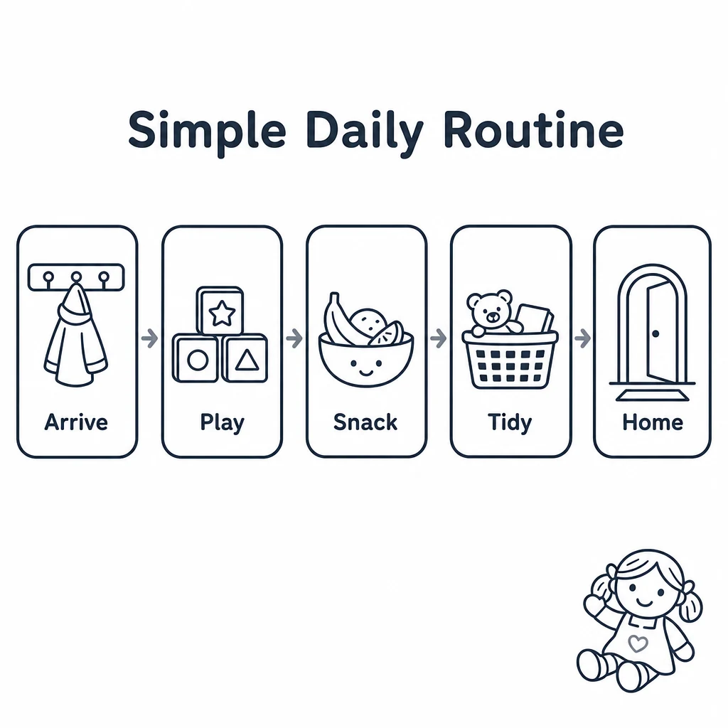 Simple daily routine graphic showing arrive, play, snack, tidy and home.