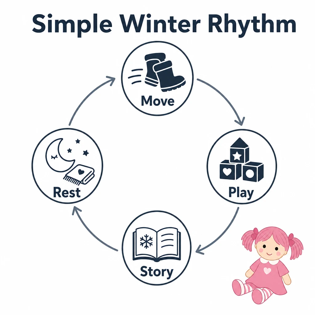 Simple winter routine graphic showing move, play, story and rest.