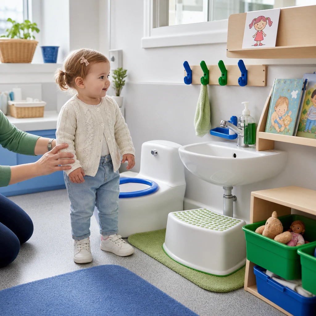 Toddler beside a child-sized potty and low sink with gentle nursery support