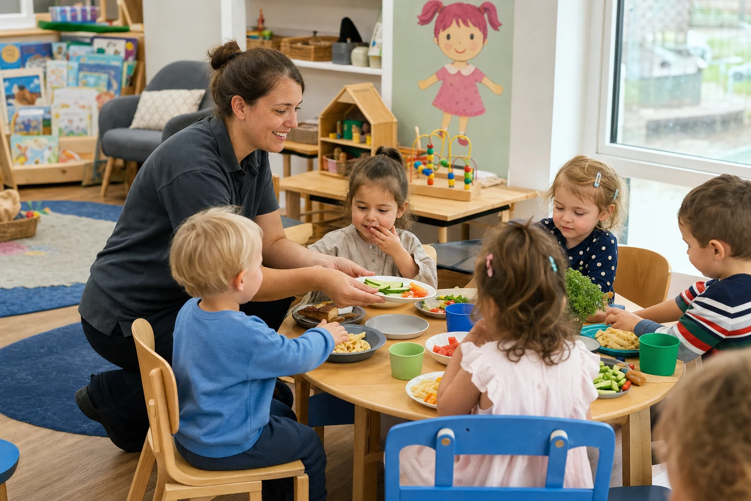 Toddlers calmly exploring food at a nursery table with a carer nearby
