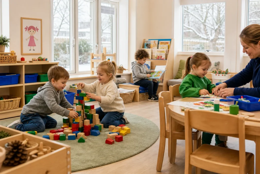 Toddlers enjoying indoor winter play in a bright nursery room with carers nearby.