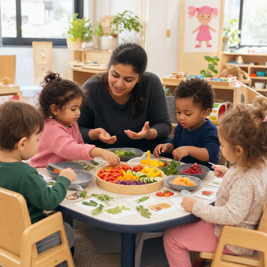 Toddlers exploring fruit and vegetables during a nursery activity