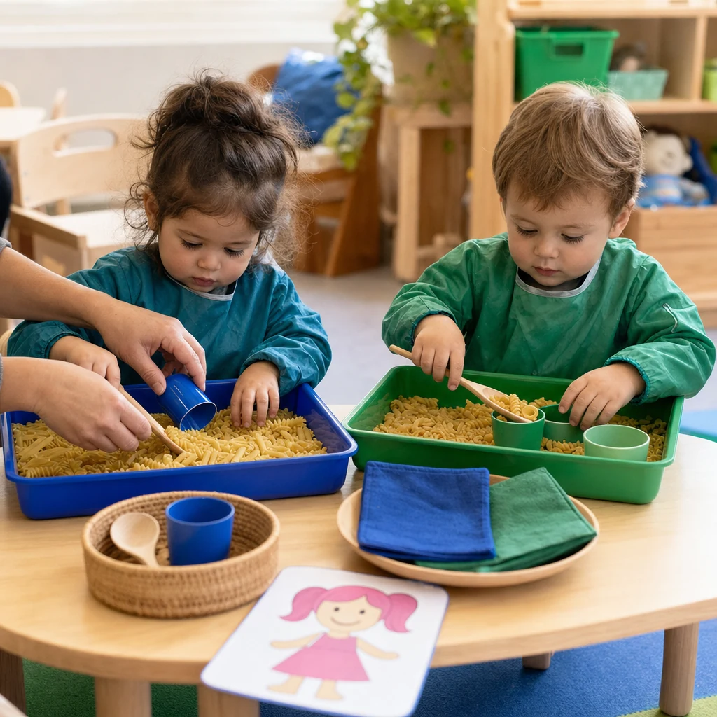 Toddlers exploring tidy sensory trays at a nursery table.