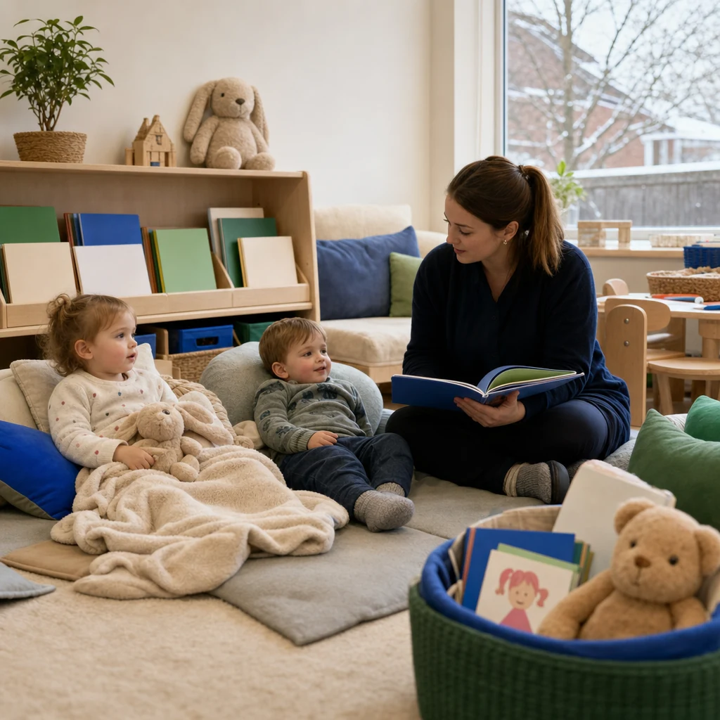 Toddlers having calm story time in a cosy nursery reading corner.