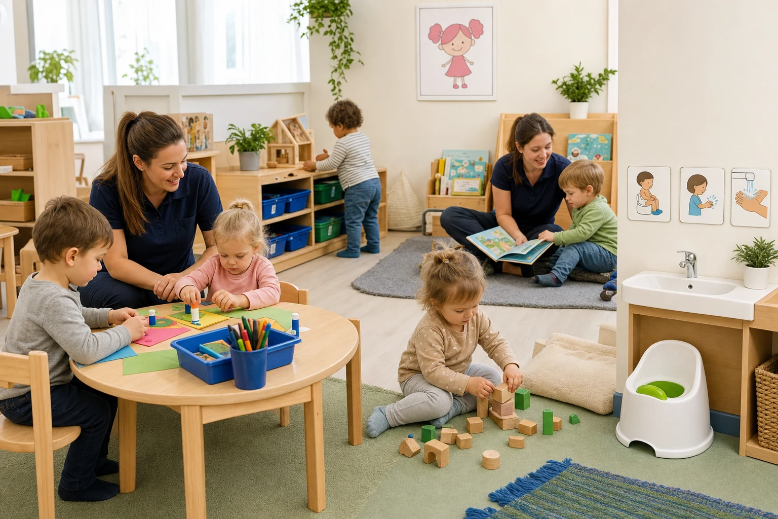 Toddlers playing in a bright nursery room with potty training items nearby