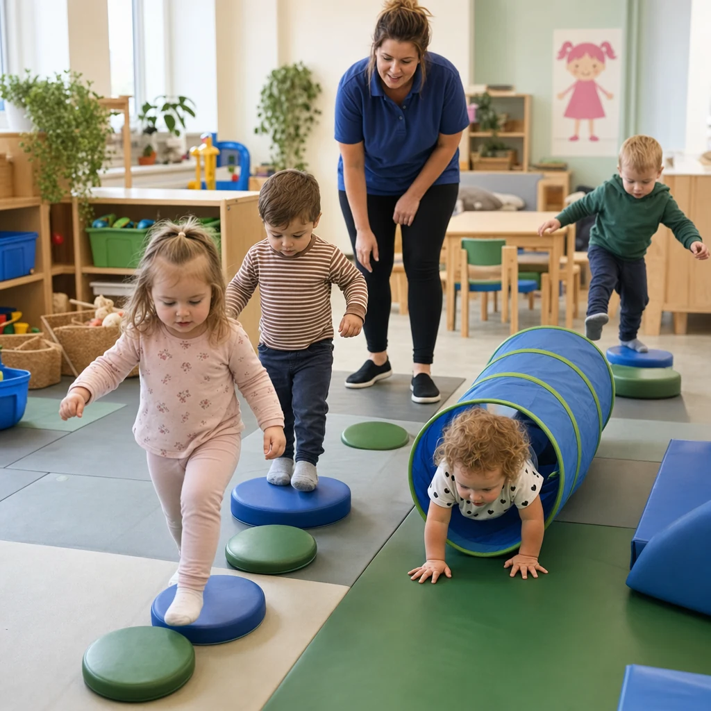 Toddlers playing safe indoor movement games on soft nursery mats.