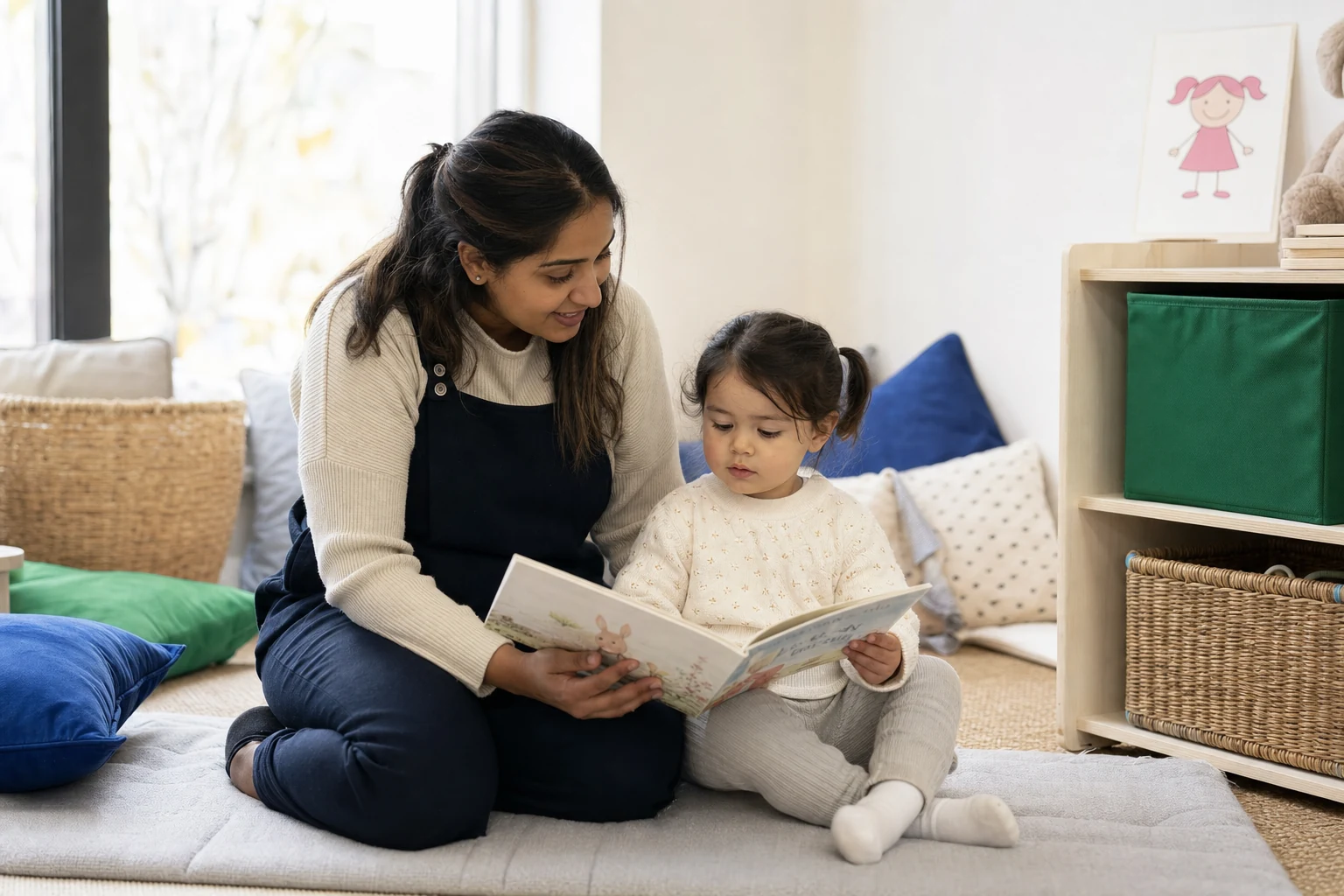 Child settling into nursery with a carer in a quiet reading corner