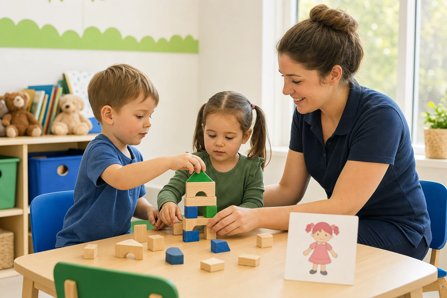Children building blocks together at a nursery table with gentle carer support