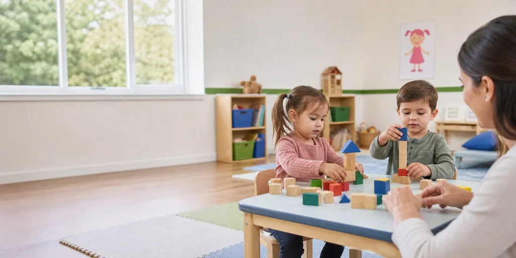Young children playing calmly in a bright nursery playroom with a carer nearby
