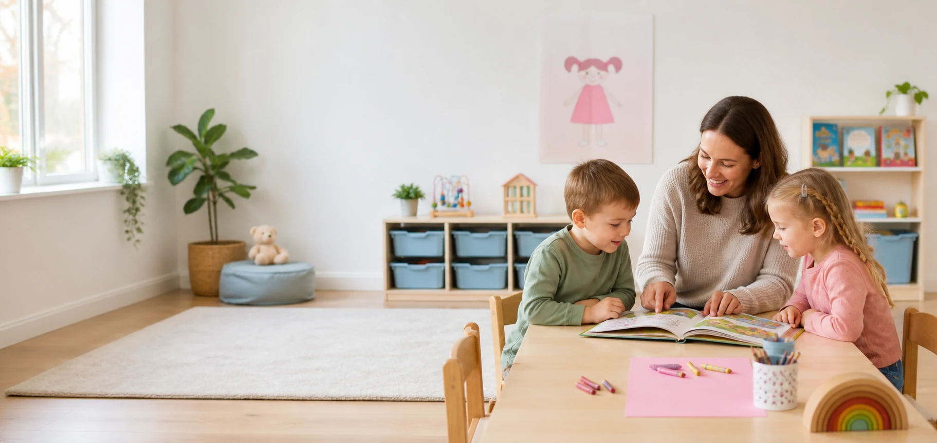 Bright nursery playroom with children reading with a carer.