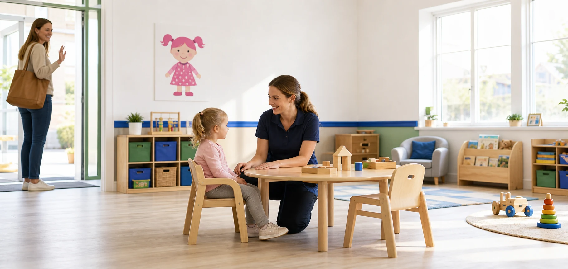 Calm nursery drop off in a bright playroom with a carer, child and parent.