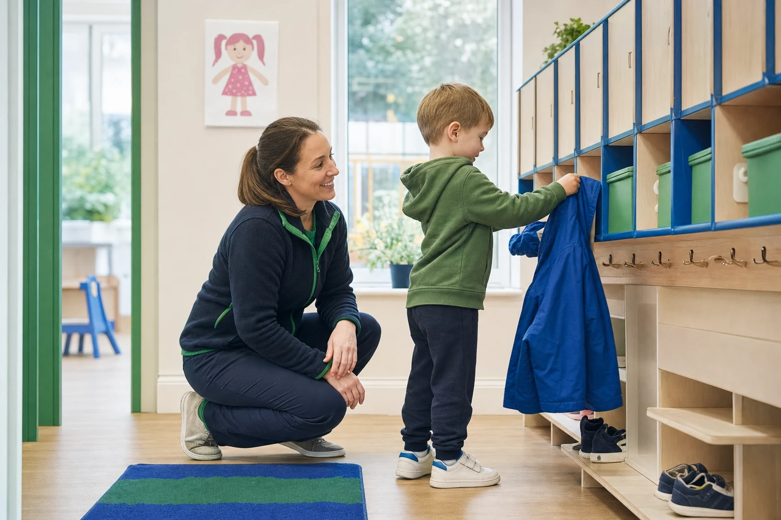 Child settling in at nursery with help from a carer during morning drop off.