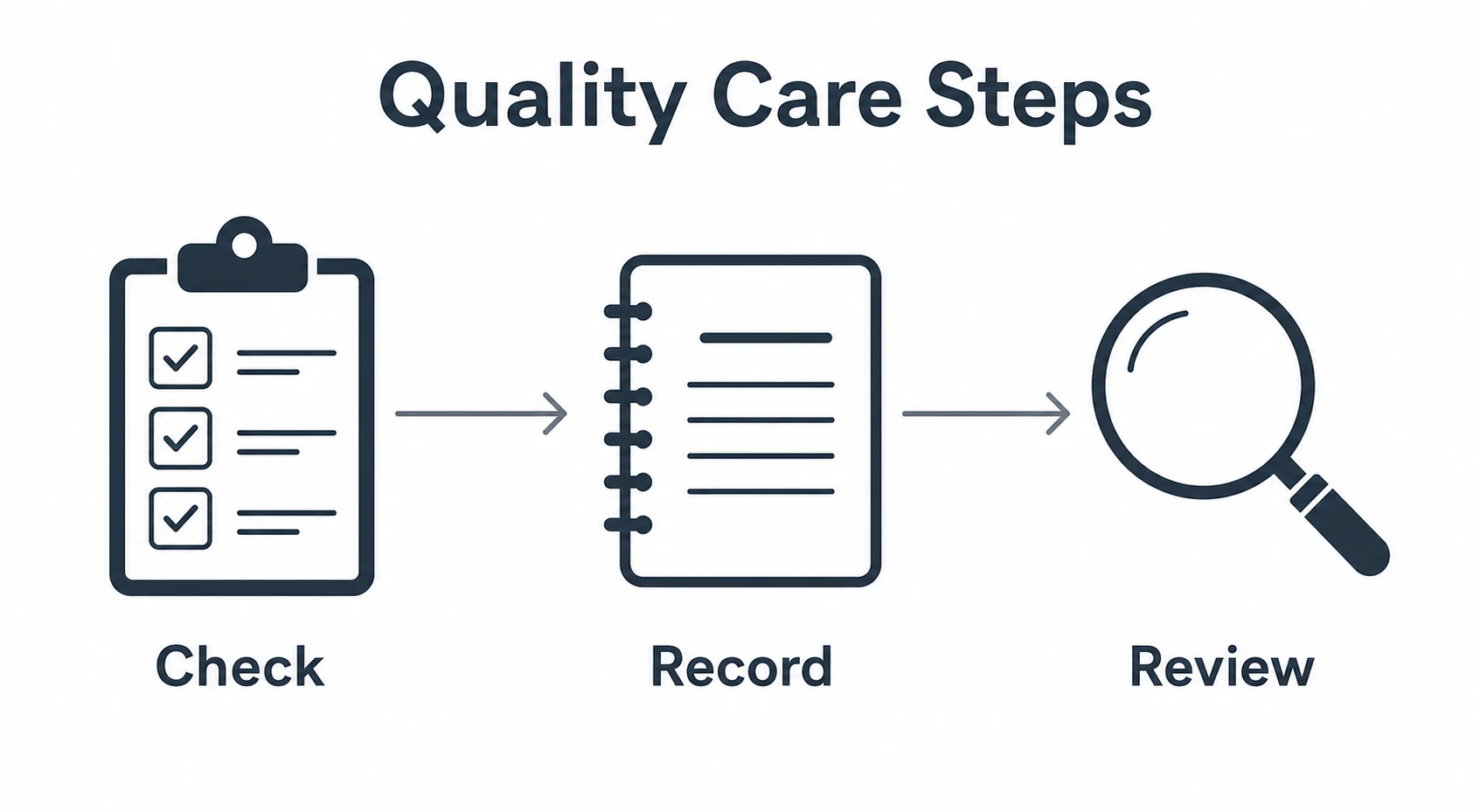 Graphic showing check record and review steps for quality care