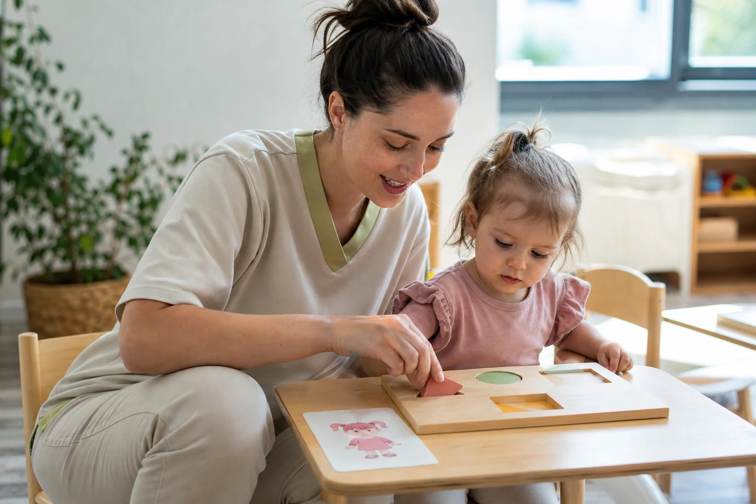 Nursery carer guiding a child through a simple learning activity.
