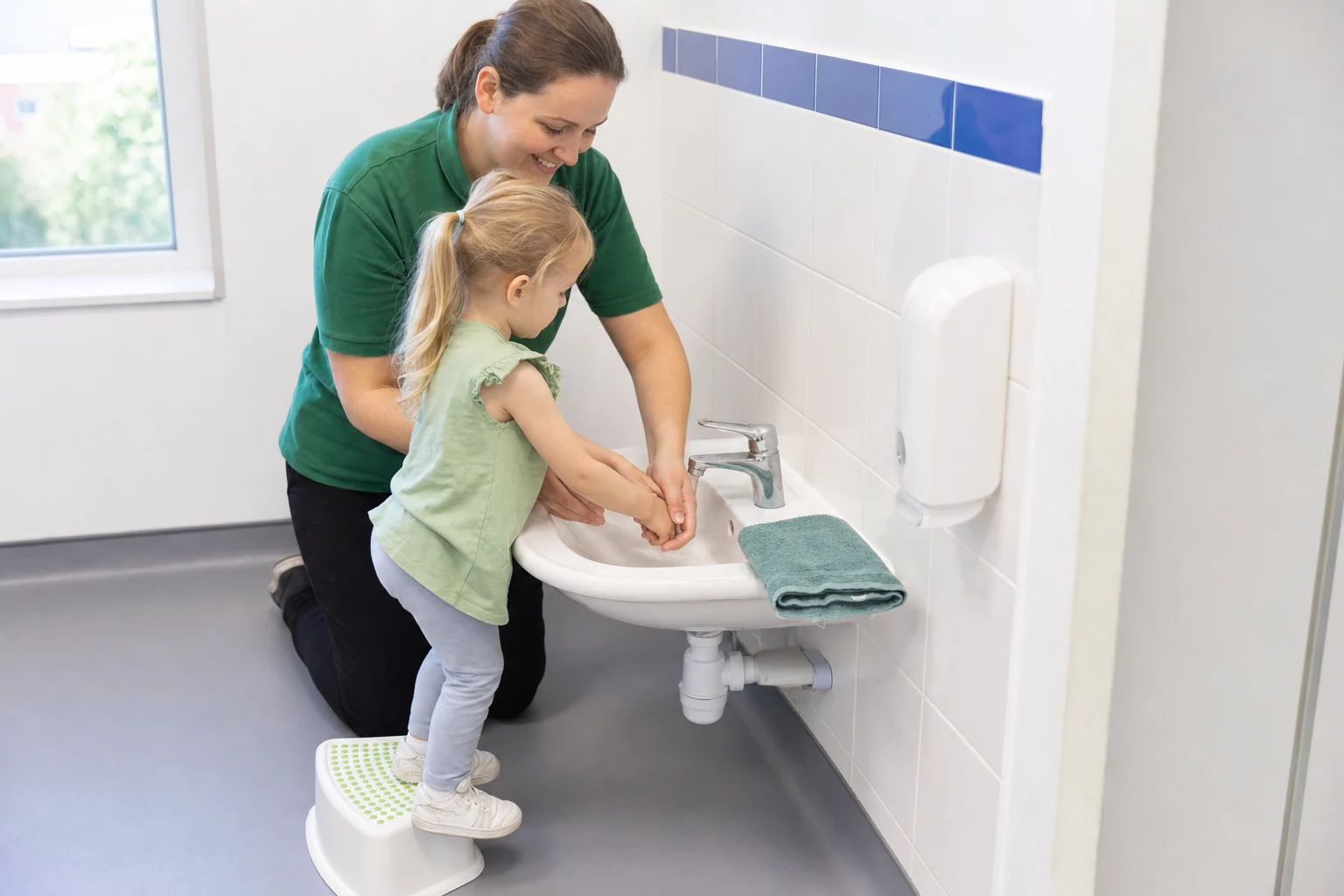Nursery carer helping a child wash hands as part of a daily routine