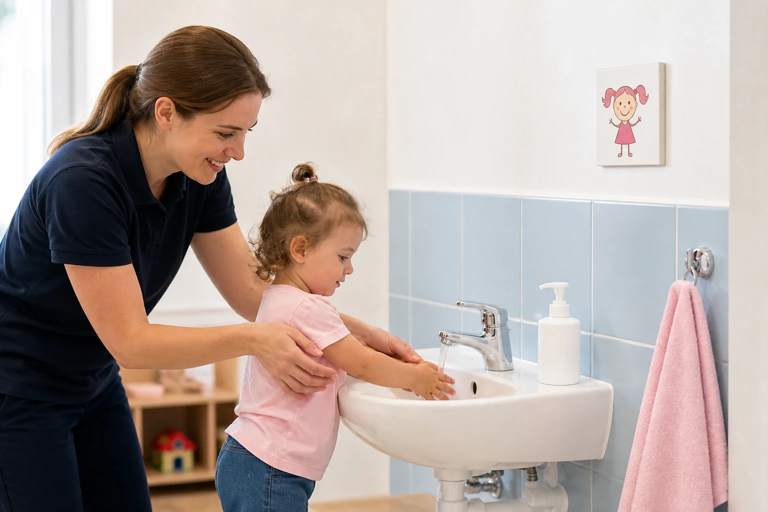 Nursery carer helping a child wash hands at a child-height sink.