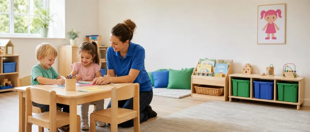 Nursery carer helping children with crafts in a bright safe playroom
