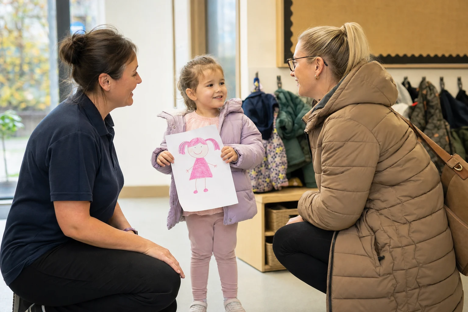 Nursery carer speaking with a parent at pickup while a child waits nearby