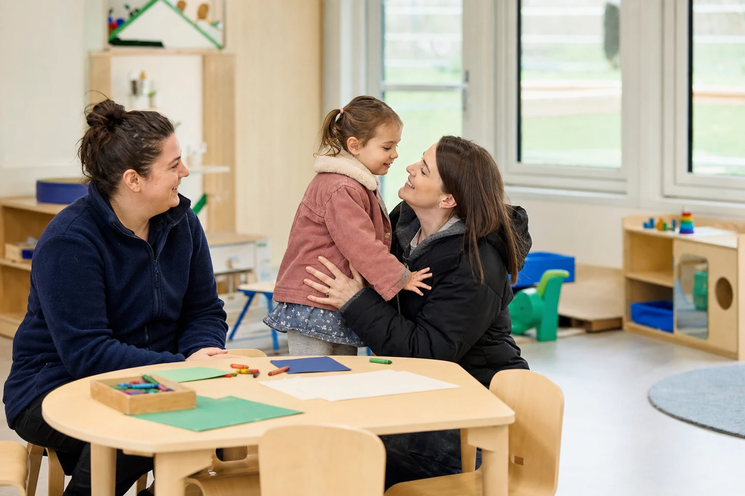 Parent collecting a child calmly from a bright nursery playroom.